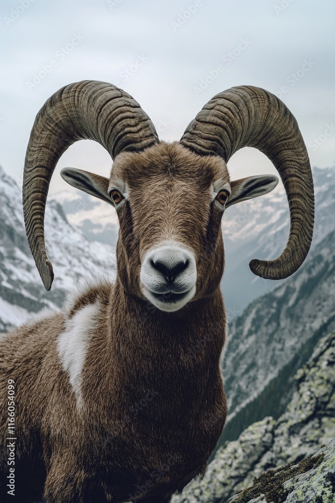 A ram stands proudly atop a rocky hillside, with rugged terrain and natural surroundings A ram stands proudly atop a rocky hillside, with rugged terrain and natural surroundings