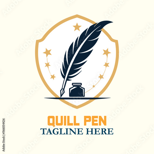 A flat logo of a quill pen