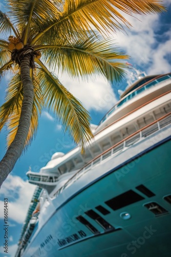 A large cruise ship is docked in calm waters, ready for passengers to board photo