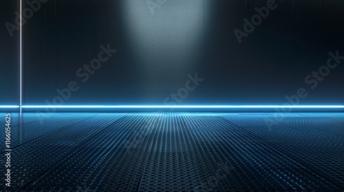 Futuristic empty dark room glowing with blue neon lights, featuring a metallic floor and a spotlight on the back wall, ideal for product placement or presentations