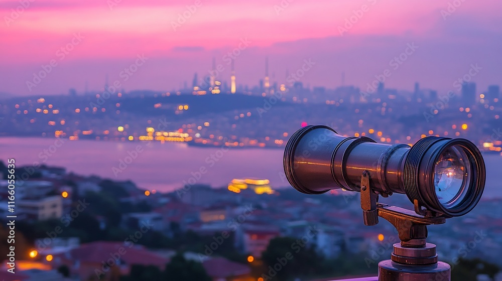 Cityscape view through a coin-operated telescope at sunset.
