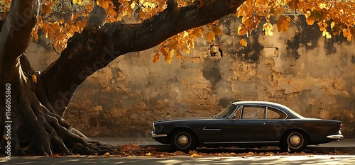 Classic car parked under autumn tree.