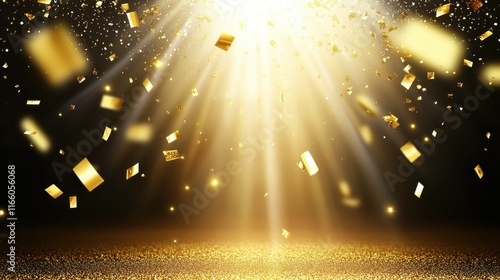 Golden stage, sparkling lights, glittering particles, magical atmosphere, theatrical spotlight, shimmering backdrop, luxurious performance space, dramatic lighting, festive celebration, glamorous even