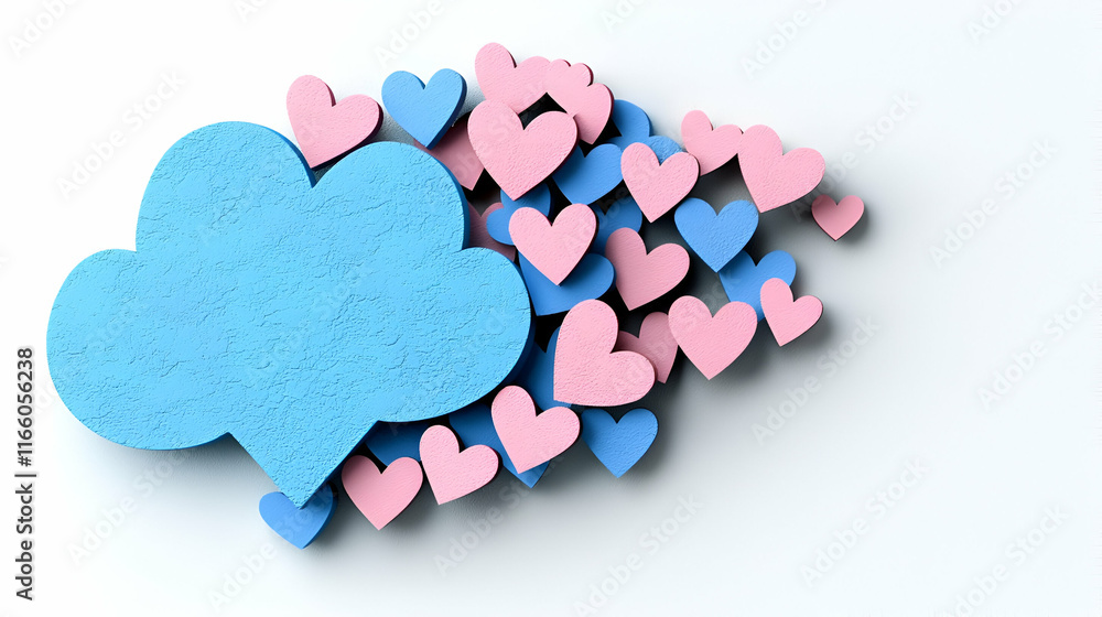 Obraz premium Colorful paper hearts and a blue speech bubble create a whimsical, romantic composition on a white background.