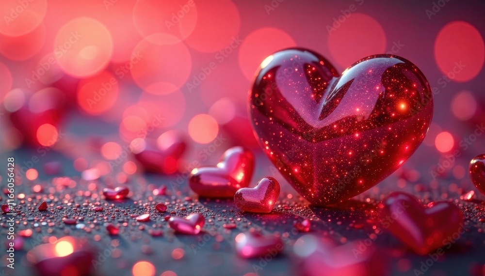 Close-up of iridescent red hearts on a shimmering backdrop , abstract, gems Close-up of iridescent red hearts on a shimmering backdrop , abstract, gems