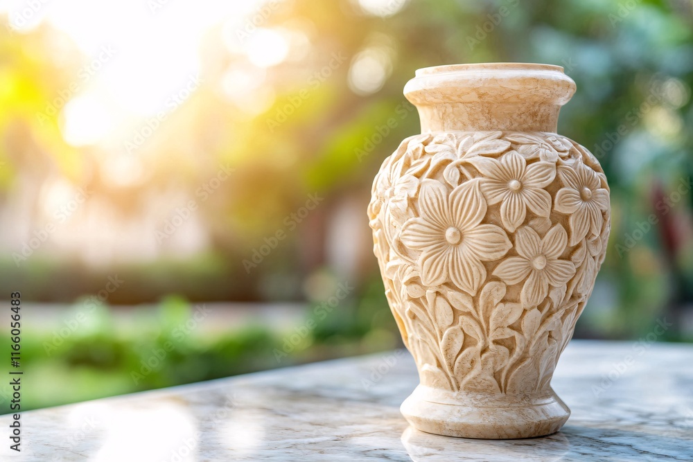 Decorative flower carved vase illuminated by sunset in a serene outdoor garden Decorative flower carved vase illuminated by sunset in a serene outdoor garden