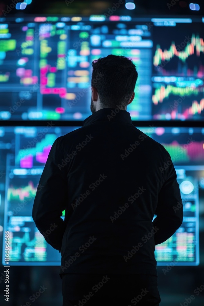 A person standing in front of several computer monitors, likely working or gaming A person standing in front of several computer monitors, likely working or gaming
