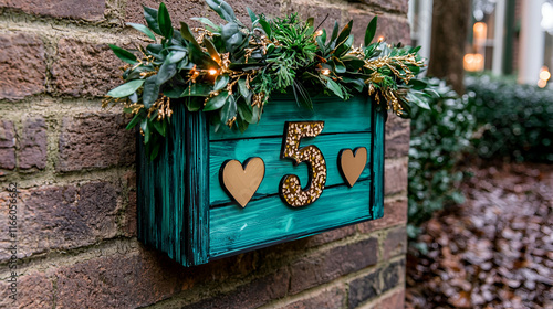 A decorative mailbox featuring a teal color with green foliage and lights, displaying the number 5 and heart motifs against a brick wall.