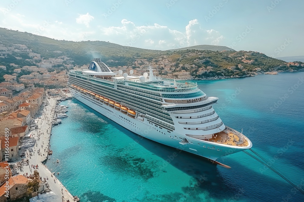 A cruise ship moored in a calm bay, suitable for travel, vacation or tourism related content A cruise ship moored in a calm bay, suitable for travel, vacation or tourism related content