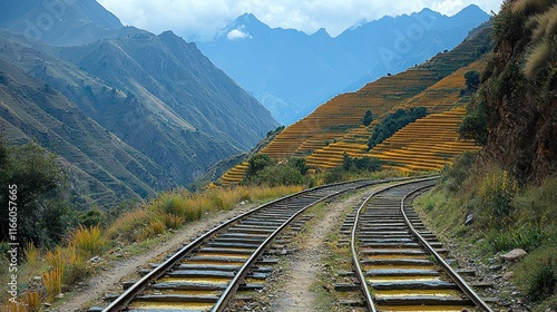 Peruvian Andes Railroad and Terraced Fields: Breathtaking Scenery
