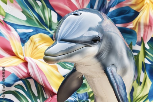 A statue of a dolphin on a vibrant and dynamic background, perfect for use in marketing materials, product designs, or as a decorative element photo