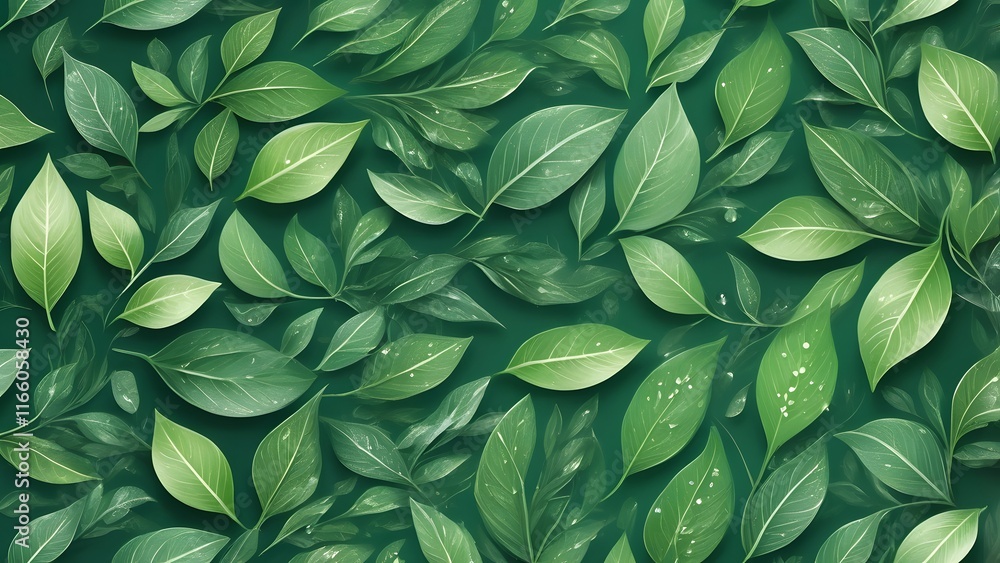 A serene and refreshing digital painting of lush green leaves and delicate water droplets, creating a mesmerizing interplay of light and shadow. For background wallpaper design A serene and refreshing digital painting of lush green leaves and delicate water droplets, creating a mesmerizing interplay of light and shadow. For background wallpaper design
