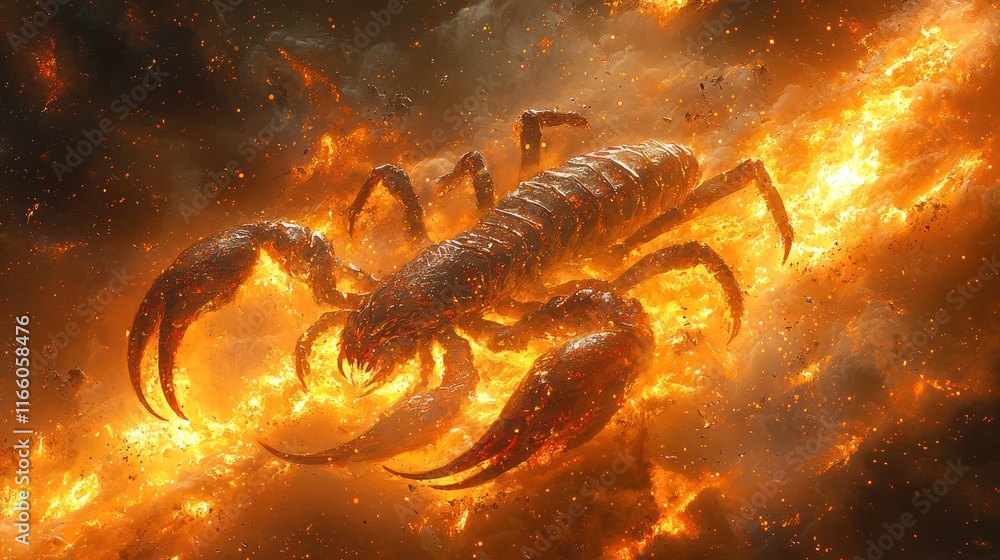 A fiery scorpion amidst a cosmic backdrop.