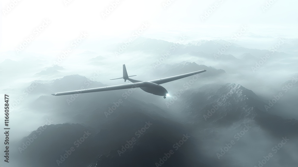 Naklejka premium Majestic Glider Soaring Above Rugged Mountain Range with Snow-Capped Peaks and Clear Blue Sky Creating a Breathtaking Aerial Landscape View