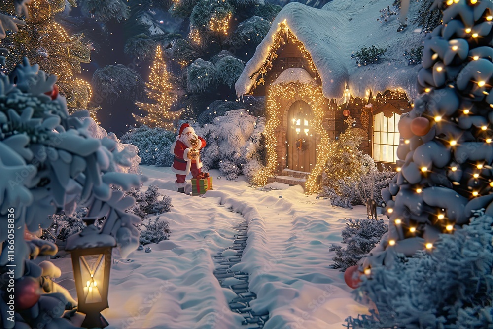 Decorated New Year houses with Santa Claus nearby, carrying festive gifts. Decorated New Year houses with Santa Claus nearby, carrying festive gifts.