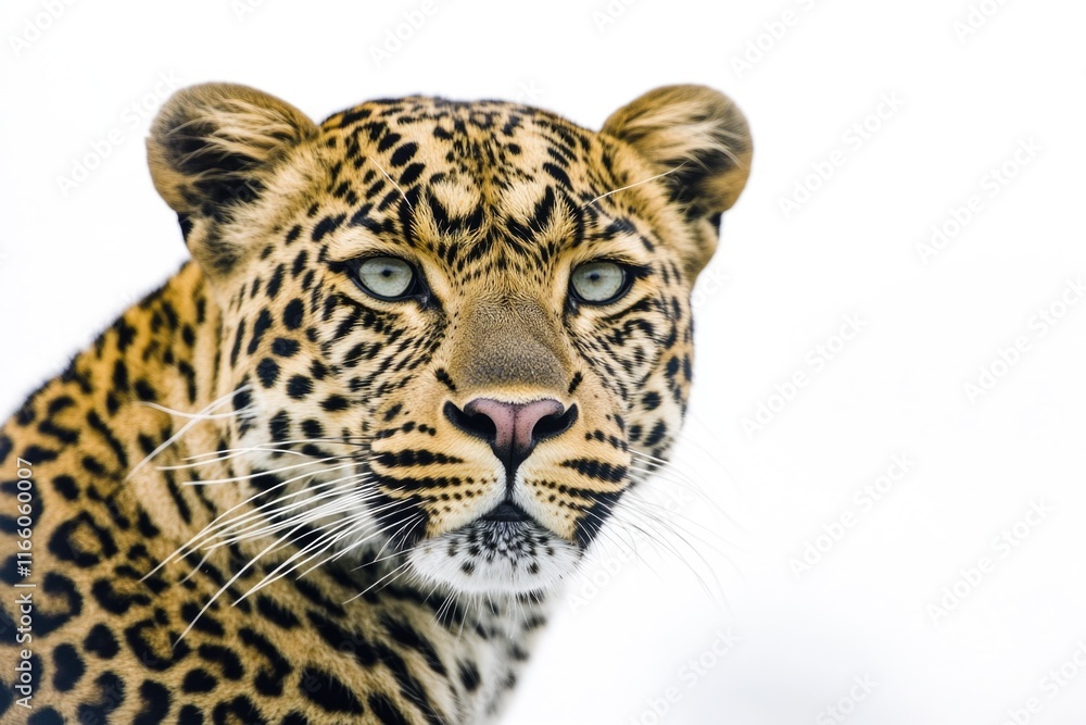 A close-up view of a leopard's face on a white background, perfect for animal or wildlife-themed projects A close-up view of a leopard's face on a white background, perfect for animal or wildlife-themed projects
