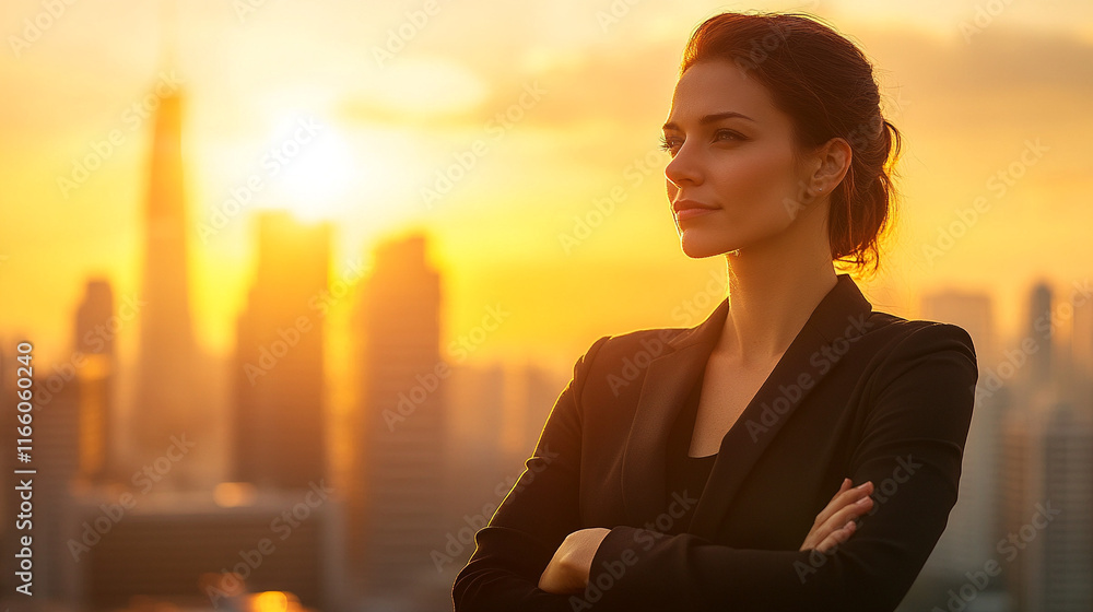 Fototapeta premium Determined woman standing against a city sunset backdrop