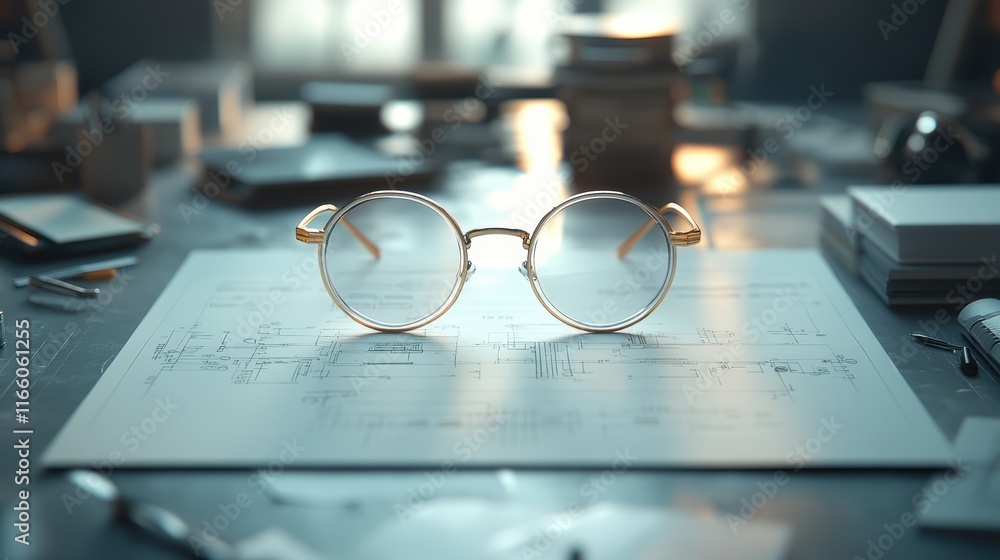 Elegant Eyewear Resting on a Wooden Table in a Bright Workspace with Circuit Diagrams Creating a Creative and Productive Atmosphere Elegant Eyewear Resting on a Wooden Table in a Bright Workspace with Circuit Diagrams Creating a Creative and Productive Atmosphere