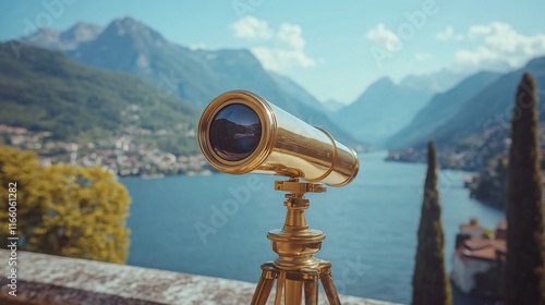 Antique brass telescope viewing scenic lake and mountains.