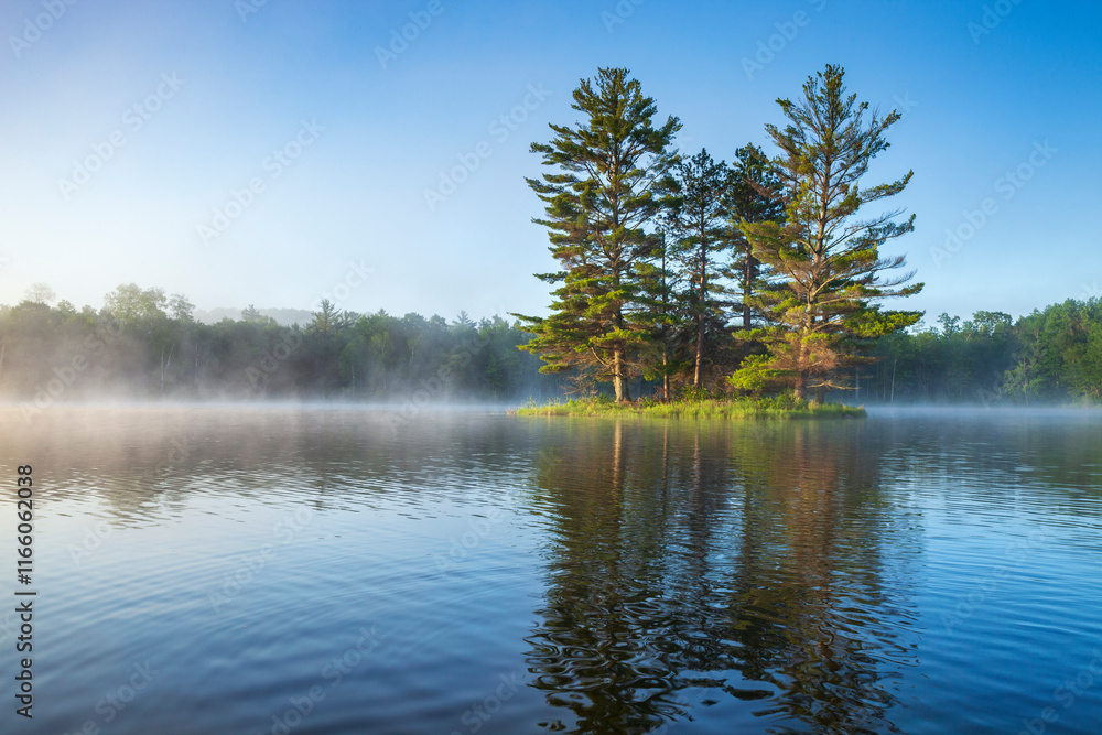 Beautiful calm blue lake and island with pine trees and fog on a summer morning in northern Minnesota