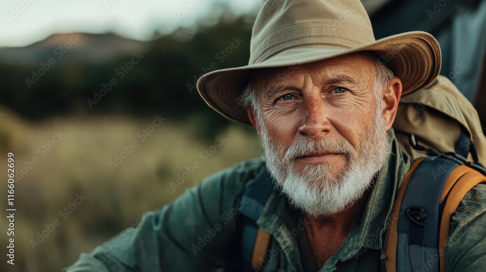 A close-up portrait of a senior man in a hat and backpack, looking intently towards the camera, symbolizing adventure, wisdom, and a connection with nature's beauty. A close-up portrait of a senior man in a hat and backpack, looking intently towards the camera, symbolizing adventure, wisdom, and a connection with nature's beauty.