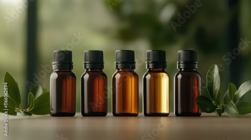 A minimalist arrangement of essential oil bottles alongside fresh green leaves creates a tranquil composition that emphasizes natural beauty and wellness benefits effectively.
