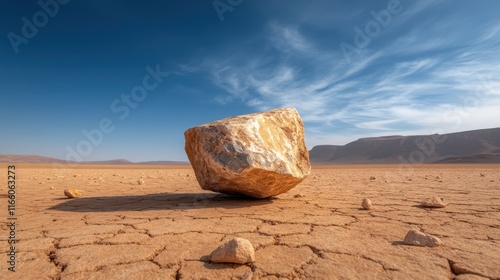 An artistic portrayal of a unique rock formation standing alone in a vast dry desert expanse, appealing to nature lovers and adventure seekers searching for beauty. photo