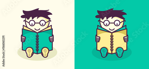 A man with glasses was reading a book. Color vector illustration.