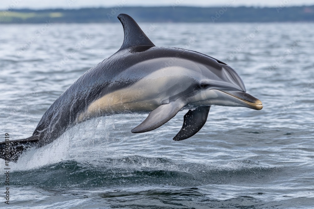Obraz premium A dolphin leaping out of the ocean with a splash, perfect for use in aquatic-themed designs or as a symbol of freedom and joy