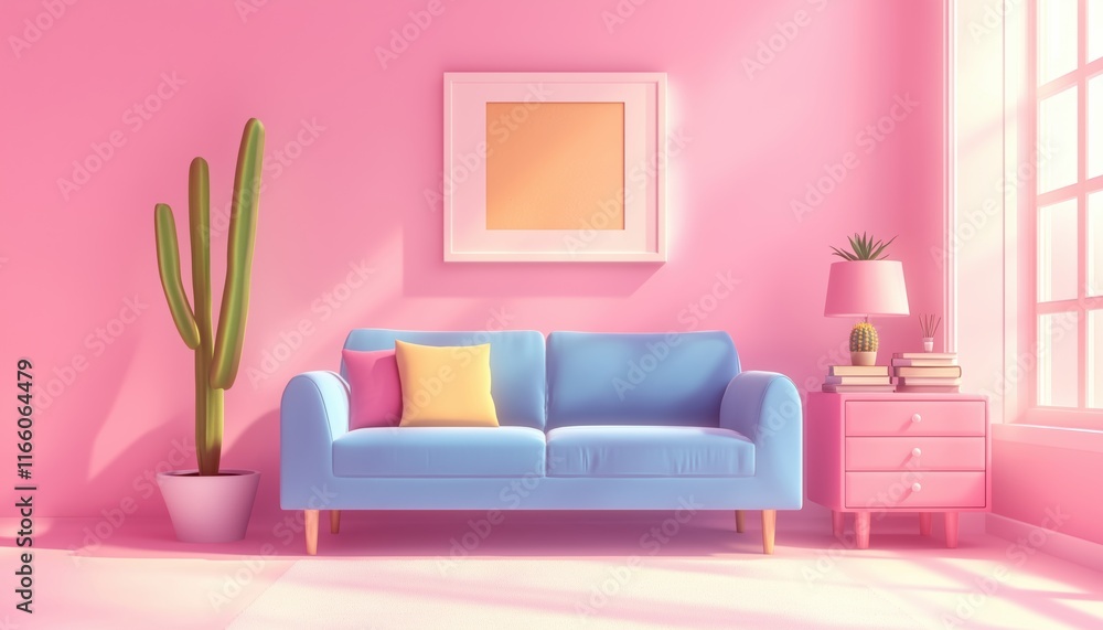 Stylish Living Room Interior Featuring Pink Walls, Blue Sofa, Coffee Table With Books, And Pink Dresser With Cactus. Rendering Included. Stylish Living Room Interior Featuring Pink Walls, Blue Sofa, Coffee Table With Books, And Pink Dresser With Cactus. Rendering Included.