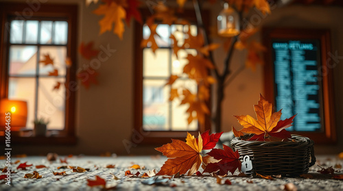 Fall decor with vibrant leaves and cozy ambiance in a warm indoor setting photo