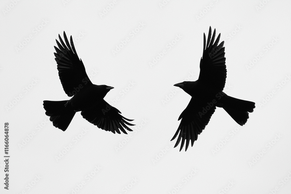 Obraz premium Black crows flying in the chaotic gray sky