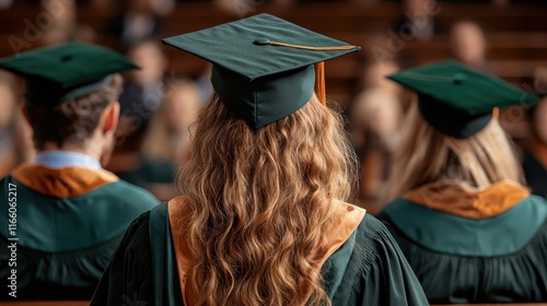 A group of proud graduates celebrating their academic achievements at a commencement ceremony, showcasing the joy and excitement of this pivotal moment in their lives. photo