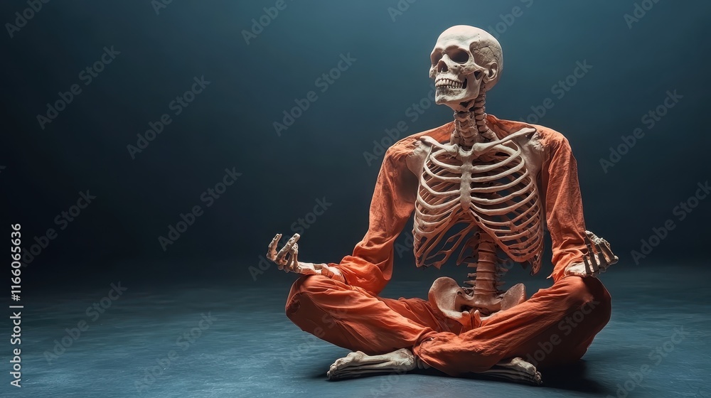 A skeleton sits in a meditative pose, wearing an orange cloak, representing tranquility and mindfulness in a serene atmosphere with focused energy. A skeleton sits in a meditative pose, wearing an orange cloak, representing tranquility and mindfulness in a serene atmosphere with focused energy.