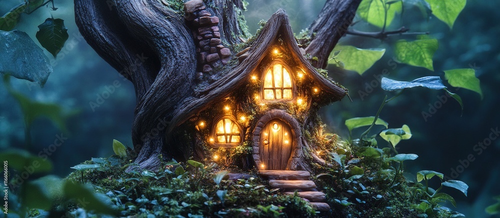 Fototapeta premium Enchanting tree house nestled in lush forest at night, illuminated with warm lights.