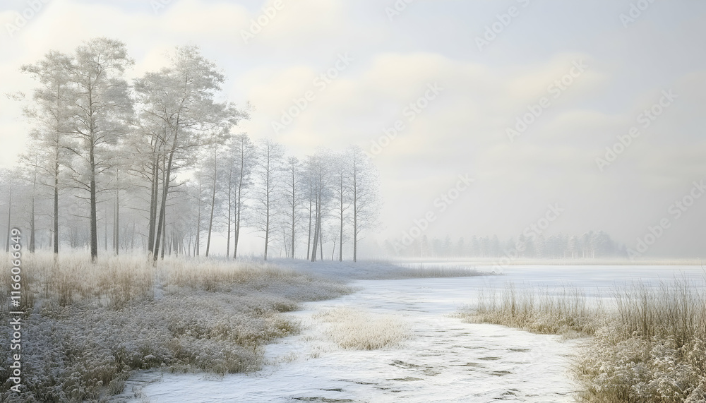 Serene winter landscape; snow-dusted trees and frozen river; peaceful, misty atmosphere; ideal for calendar, print, or website backgrounds. Serene winter landscape; snow-dusted trees and frozen river; peaceful, misty atmosphere; ideal for calendar, print, or website backgrounds.