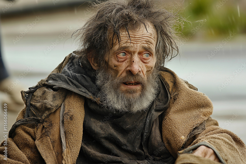 Man with disheveled hair sitting on the ground in the city Man with disheveled hair sitting on the ground in the city