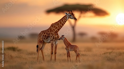 A heartwarming scene of a mother giraffe and her calf standing together as the sun sets, capturing the essence of wildlife beauty and maternal bonds in nature. photo