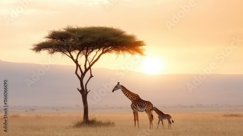 A serene scene featuring a mother giraffe and her calf standing under a majestic acacia tree at sunset, beautifully capturing the essence of their natural habitat. photo