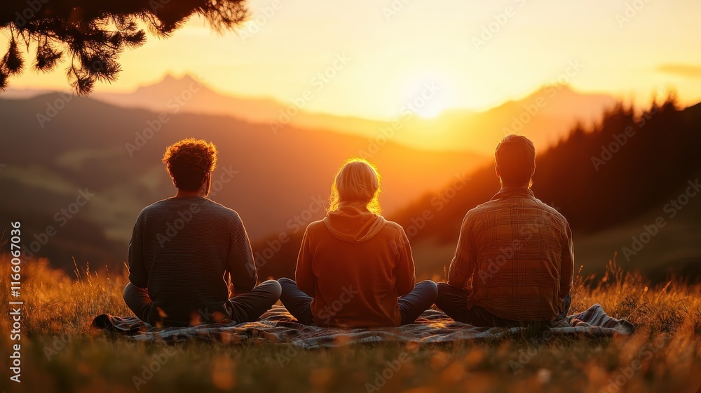 Three people in a peaceful setting, close to each other, taking in the splendor of a vibrant sunset, reflecting a sense of community and shared tranquility. Three people in a peaceful setting, close to each other, taking in the splendor of a vibrant sunset, reflecting a sense of community and shared tranquility.