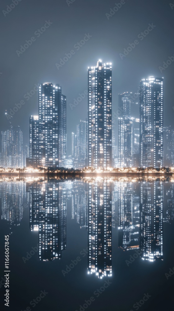 Fototapeta premium Futuristic City Skyline with Reflective Surfaces and Lights