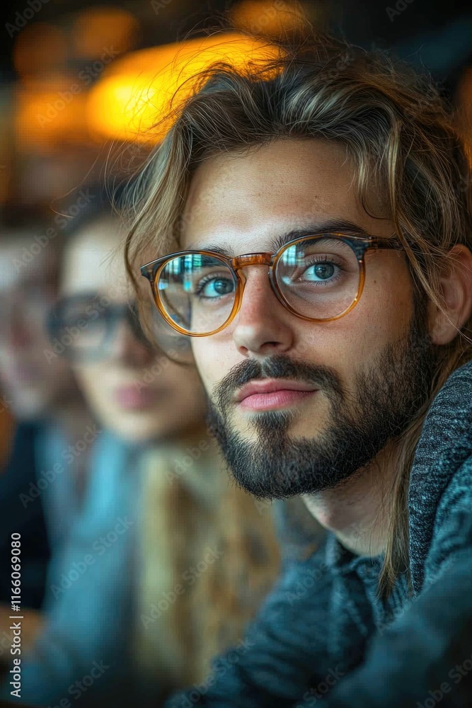 A person wearing glasses and a beard sits at a table, focused on something A person wearing glasses and a beard sits at a table, focused on something
