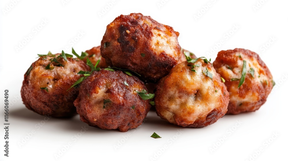 A delightful arrangement of crispy meatballs topped with fresh herbs, showcasing their golden-brown exterior and savory texture, perfect for culinary presentations. A delightful arrangement of crispy meatballs topped with fresh herbs, showcasing their golden-brown exterior and savory texture, perfect for culinary presentations.