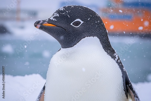 A penguin stands near a body of water in the snow