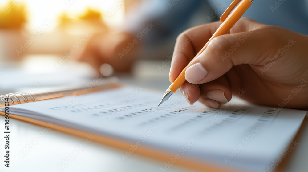 Hand holding pen, checking off to do list with colorful icons Hand holding pen, checking off to do list with colorful icons