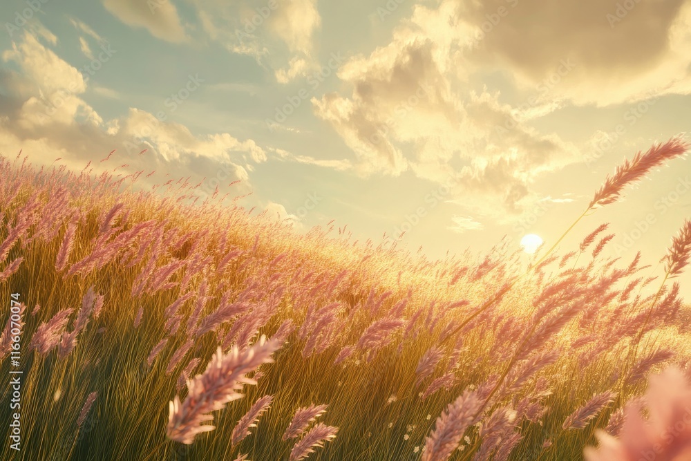 Golden Grass Field Sunset Sky Landscape Golden Grass Field Sunset Sky Landscape