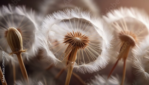 Delicate dandelion seed heads, ready to be carried by the wind. photo