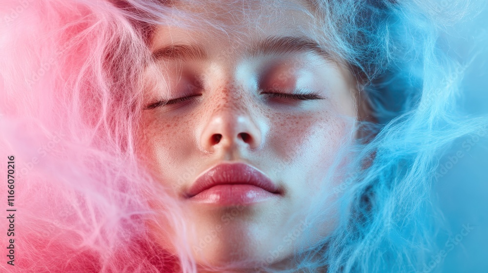 A serene close-up portrait of a young person with vibrant pink and blue hair amidst a soft fog, showcasing beauty and tranquility in artistic photography. A serene close-up portrait of a young person with vibrant pink and blue hair amidst a soft fog, showcasing beauty and tranquility in artistic photography.