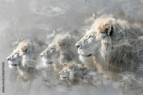 idea for a painting-Majestic lion family in grayscale, symbolizing unity and strength. photo