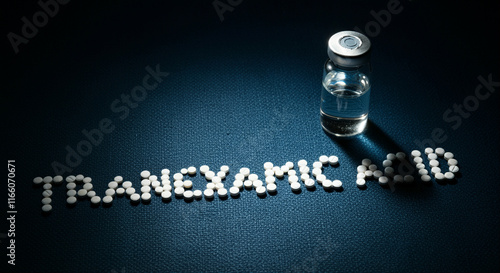 Vial and pills of tranexamic acid on a dark surface showcasing pharmaceutical medication and treatment solutions photo